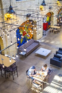 View from the upper floor into one of the halls with restaurants