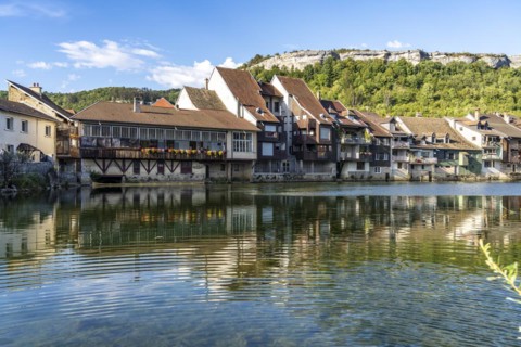 Houses of the old town on the river Loue in Ornans