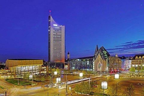 City-Hochhaus with Gewandhaus and Paulinum - Aula and University Church of St Pauli