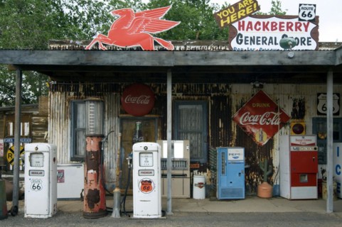 Vintage gas pumps at petrol station of the General Store along the historic Route 66 in the Hackberry ghost town in Arizona