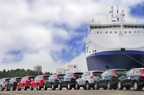 Vehicles from the Volvo Cars assembly plant waiting to loaded on the roll-on roll-off