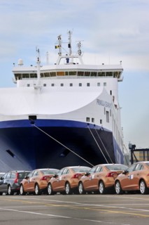 Vehicles from the Volvo Cars assembly plant waiting to loaded on the roll-on roll-off