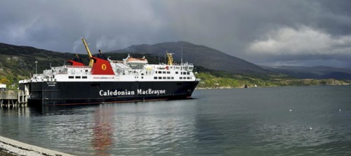 Caledonian MacBrayne Ferry at Ullapool pier with destination Stornoway