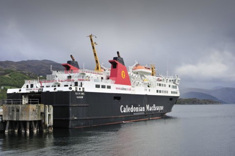 Caledonian MacBrayne ferry boat at Ullapool pier with destination Stornoway