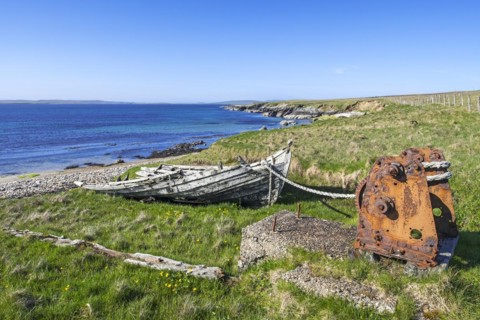 Remains of the old Fetlar flit boat roped to the winding gear