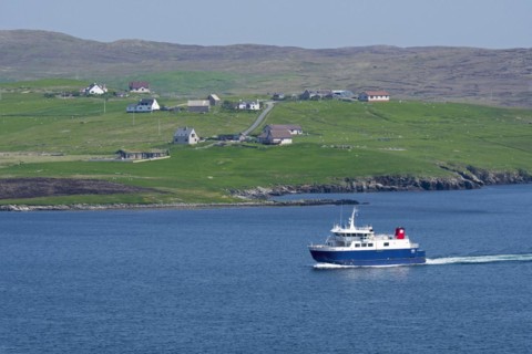 Whalsay ferry boat Linga sailing in Laxo Voe