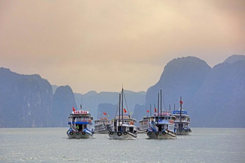 Tourist boats and limestone monolithic islands in Ha Long Bay