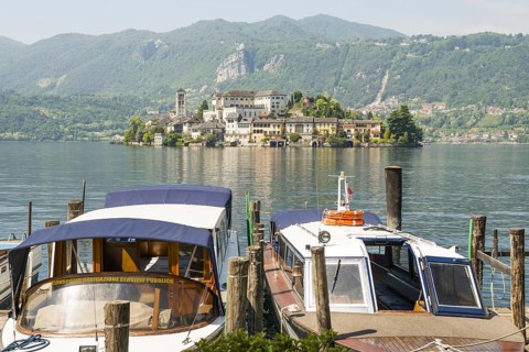 Taxi Boat and Island San Giulio on Lake Orta in Orta