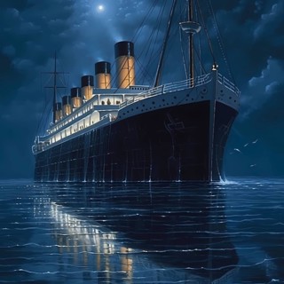 Journey of the Titanic in the Atlantic on a starry night and calm sea