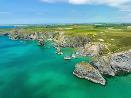 Aerial view of the Bedruthan Steps cliff formation