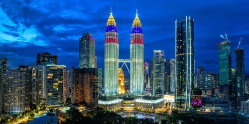 Petronas Twin Towers Skyscrapers KLCC Skyline in the Evening Panorama of Kuala Lumpur