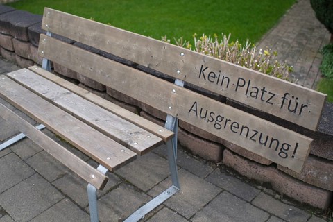 Bench with inscription Kein Platz fuer Ausgrenzung