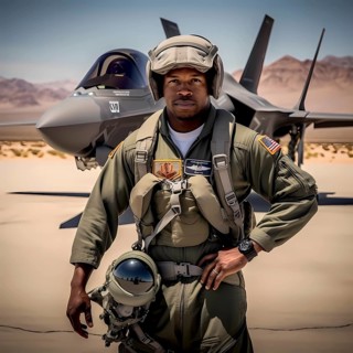 Young proud pilot stands in front of his F 35 fighter plane