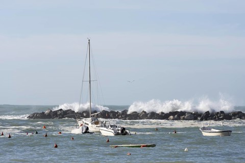 Boats in a Port with Big Waves in Sestri Levante