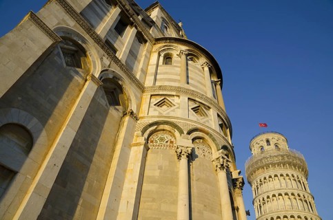 Leaning Pisa Tower and Church with Clear Sky in Tuscany