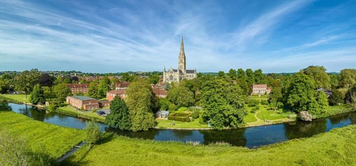 Aerial panorama of the city of Salisbury with Salisbury Cathedral and the River Avon