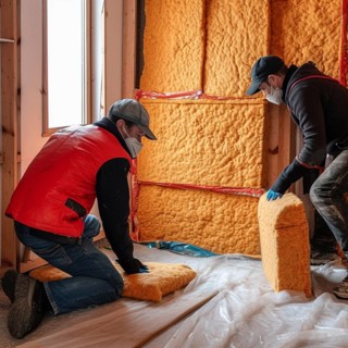 Craftsmen insulate a house with insulating material