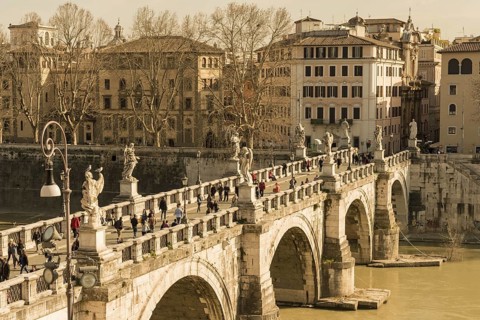 Sant'Angelo Bridge Over Tiber River in a Sunny Day in City of Rome