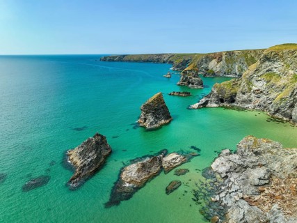 Aerial view of the Bedruthan Steps cliff formation