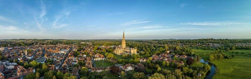 Aerial panorama of the city of Salisbury with Salisbury Cathedral