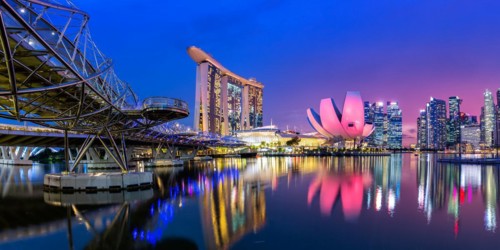 Marina Bay Skyline and Helix Bridge Panorama in the Evening in Singapore