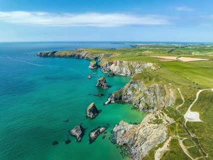 Aerial view of the Bedruthan Steps cliff formation