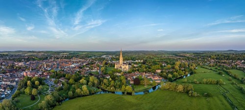 Aerial panorama of the city of Salisbury with Salisbury Cathedral