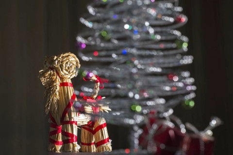 Straw Goat and Christmas Tree