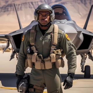 Young proud pilot stands in front of his F 35 fighter plane