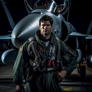 Young proud pilot stands in front of his F 14 fighter plane