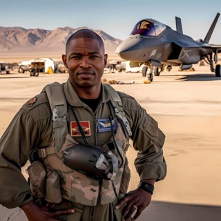 Young proud pilot stands in front of his F 35 fighter plane