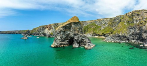 Aerial panorama of the Bedruthan Steps cliff formation