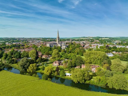 Aerial view of the city of Salisbury with Salisbury Cathedral and the River Avon