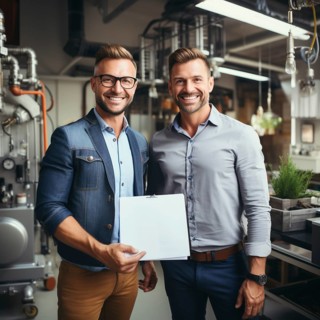 Cheerful homeowner and engineer rejoice in installing new heating system