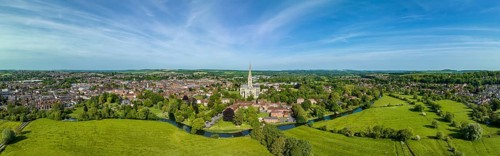 Aerial panorama of the city of Salisbury with Salisbury Cathedral