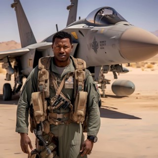 Young proud pilot stands in front of his F 14 fighter plane