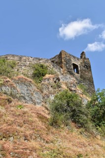View of the hilltop castle Schmidtburg built in the 9th century in the Hahnenbach valley near Schneppenbach in Hunsrueck