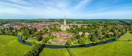Aerial panorama of the city of Salisbury with Salisbury Cathedral and the River Avon