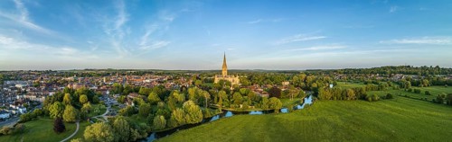Aerial panorama of the city of Salisbury with Salisbury Cathedral