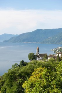 Panoramic View over Church and Alpine Lake Maggiore with Mountain in Ronco sopra Ascona