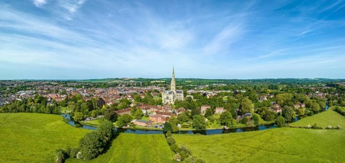 Aerial panorama of the city of Salisbury with Salisbury Cathedral and the River Avon