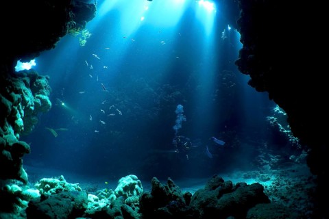 Divers swimming in caves