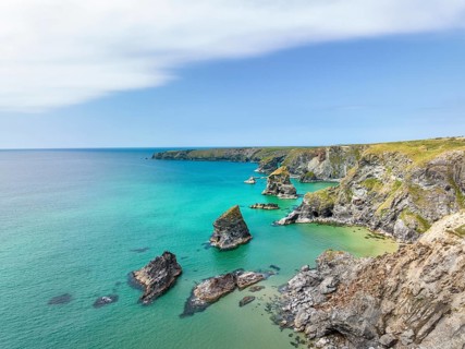 Aerial view of the Bedruthan Steps cliff formation