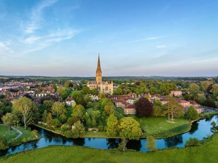 Aerial view of the city of Salisbury with Salisbury Cathedral and the River Avon