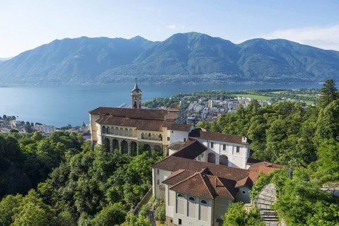 Church Madonna del Sasso and Alpine Lake Maggiore with Mountain in Locarno