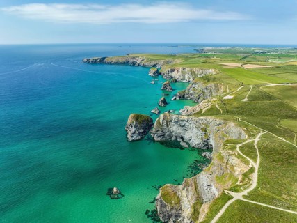 Aerial view of the Bedruthan Steps cliff formation