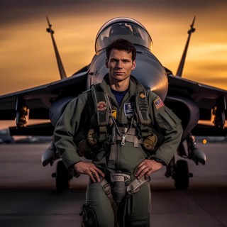 Young proud pilot stands in front of his F 14 fighter plane