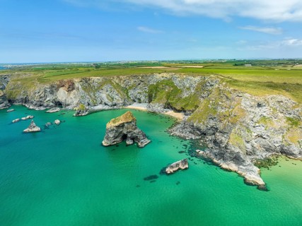 Aerial view of the Bedruthan Steps cliff formation
