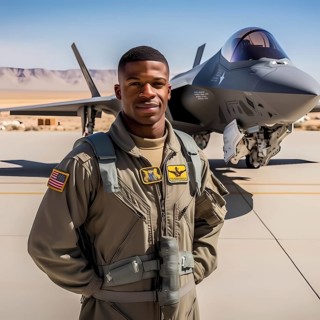 Young proud pilot stands in front of his F 35 fighter plane