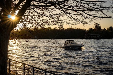 Boat sailing at sunset in the Tigre Delta
